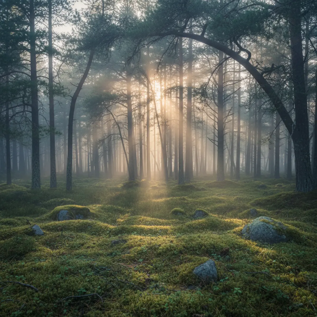 Deep pine forest shrouded in mist